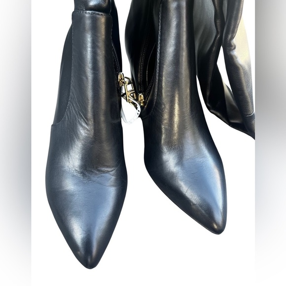 KURT Geiger Pointed Toe Knee High Lace-Up Black Leather High Block Heeled Boots - Picture 11 of 16